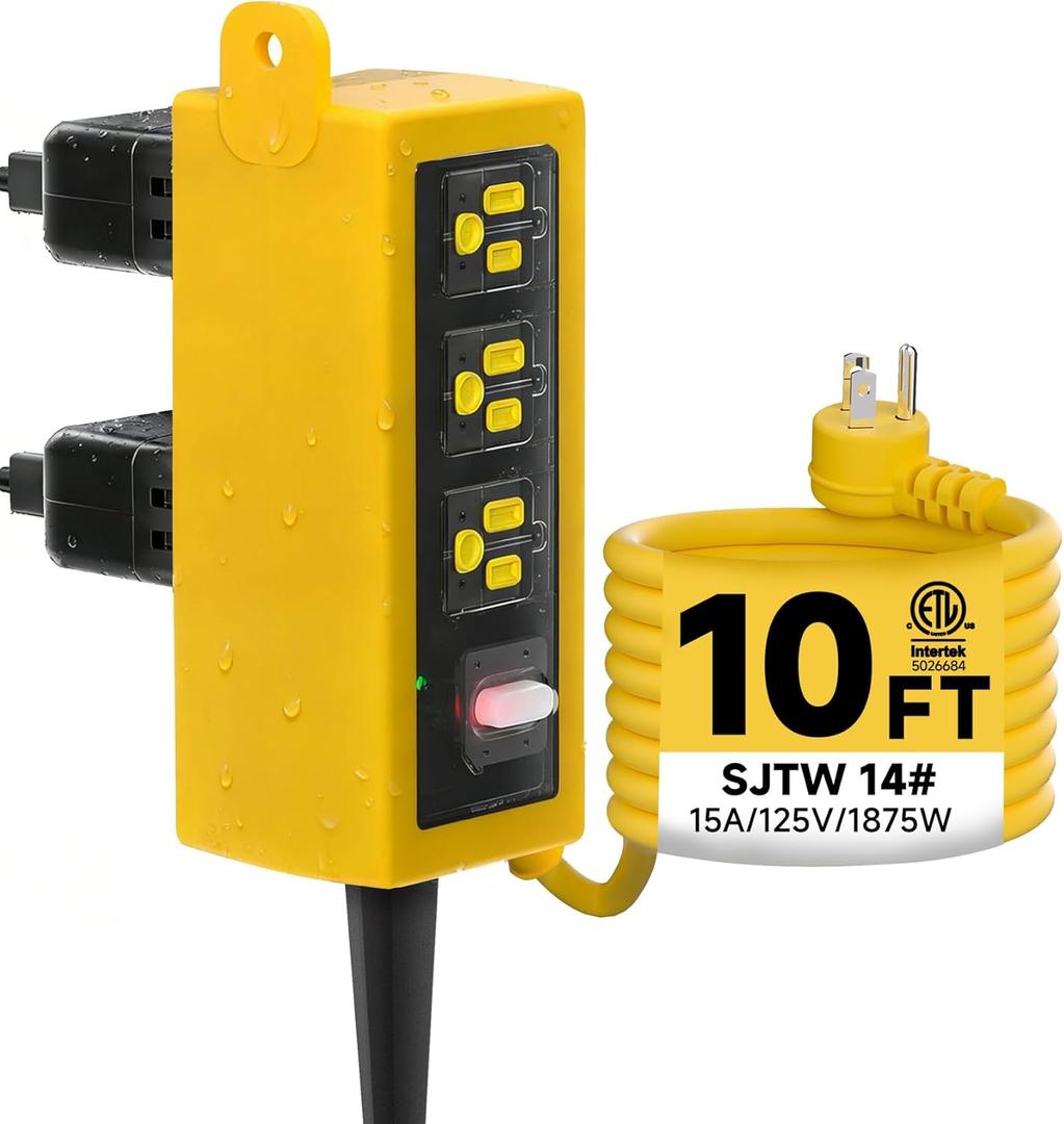 Outdoor Extension Cord, 6 Wide Outlets, 1875W/15A, 10FT 14AWG Heavy Duty SJTW Power Strip with Surge Protector, All-Weather & IP66 Fully Waterproof, Ideal for Patio, Garden, Pool, RV, Yellow
