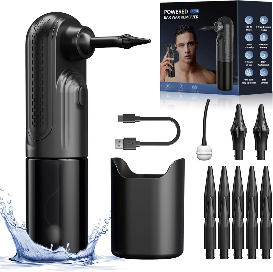 Raccomb Ear Wax Removal Tool, Ear Cleaner Earwax Removal, 4 Pressure Modes Rechargeable Ear Flush, Ear Irrigation Kit, Electric Ear Wax Remover with 10+2 Ear Tips
