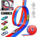 Double Lane Race Car Track with Suction Cups，Portable Flexible Roll Up Racetrack, Blue and Orange