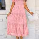 PRETTYGARDEN Women's 2026 Summer Casual Midi Dresses Square Neck Short Sleeve Smocked A Line Floral Flowy Elegant Boho Dress (Pink, S)