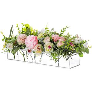 Rectangular Acrylic Vases for Centerpieces, 16 Inches Long Floral Vase with Holes for Flowers, Clear Rectangle Box Tray for Roses Modern Flower Arranger for Wedding Home Dining Table Decor, 1pcs