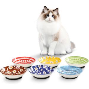 Fairy Tales Colorful Ceramic Cat Bowls Set of 6 - Feeding Dishes With Non-Slip Mat - 5.75" Shallow Wide Food Plate, Whisker Friendly - Microwave Dishwasher Safe - 8.5 oz