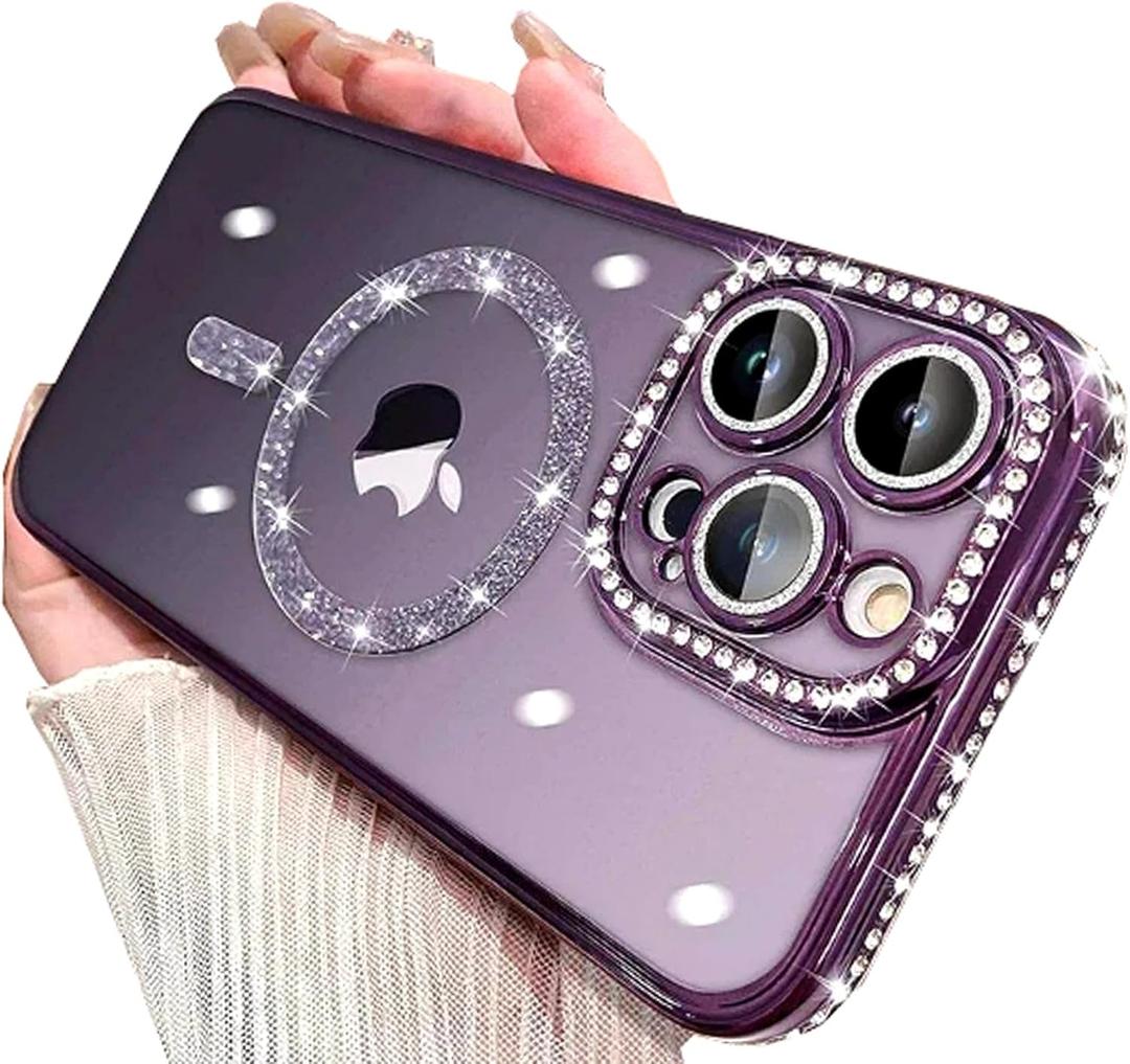 Cute for iPhone 14 Pro Max Magnetic Glitter Case,Luxury Bling Rhinestone Diamond Plated Bumper Case,Compatible with MagSafe, Sparkle Camera Lens Protection Clear Cover for Women Girls(Purple)