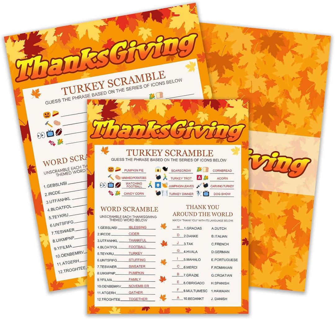 Thanksgiving Fall Game Card Set 3-in-1  Autumn Leaves & Maple Design  Includes 20 x 6" x 8" Cards + 1 x 4" x 6" Answer Card  Perfect for Turkey Day Parties & Family Activities - A05