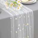 Snowkingdom White Embroidery Daisy Table Runner, 10ft Florals Seasonal Wildflower Sheer Tulle Table Runner, Summer Romantic Flower Table Decor for Wedding, Party, Home Dining Table Centerpiece 120inch
