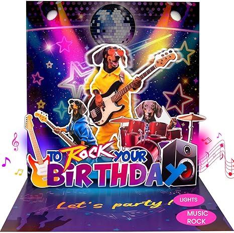 Birthday Card, Funny Birthday Cards for Men Women Kids, Exquisite MUSICAL & SHAKING & LIGHTING Rock Band Dog Pop-up Greeting Card Gifts with Envelope, 6.1 x 6.1 Inch