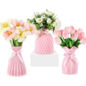 Geelin 3 Pack Coquette Pink Bow Vase Plastic Flower Vase Bow Room Decor Aesthetic, Shatterproof with Ribbon for Girls Home Wedding Office Desk Decoration, 3 Size