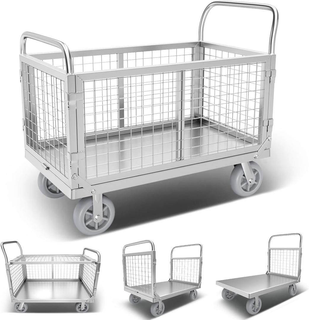 Platform Truck Cart with Cage, Multipurpose 6 in1 Foldable Flatbed Cart Heavy Duty Push Cart Dolly W/Swivel Wheels 2000lbs Capacity Utility Hand Cart for Grocery/Laundry/Stall/Storage (39"x24"-2000lbs)
