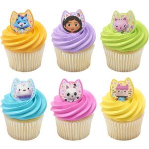 DecoPac DreamWorks Gabby's Dollhouse Rings, 24 Cupcake Decorations Featuring Gabby, Pandy Paws, Irresistible Kitty Characters, and Super Fun Adventures! - 24 Pack