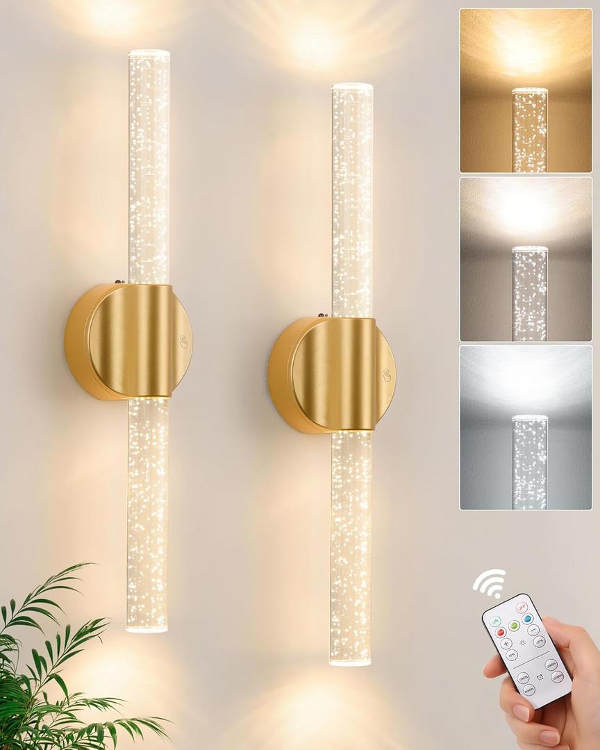Peel and Stick on Gold Battery Operated Wall Sconces Set of 2, Rechargeable Magnetic Linear Wall Lights for Bedroom, Wireless Sconces with Remote&Touch Control, 3CCT&Dimmable Wall Lamp for Living Room