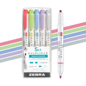 Zebra Pen Mildliner Dual-Tip Highlighters, Broad and Fine Tips, Ideal for Bible Highlighting, No Bleed, School Supplies and Teacher Supplies, Assorted Cool and Refined Ink Colors, 5-Pack (78205)