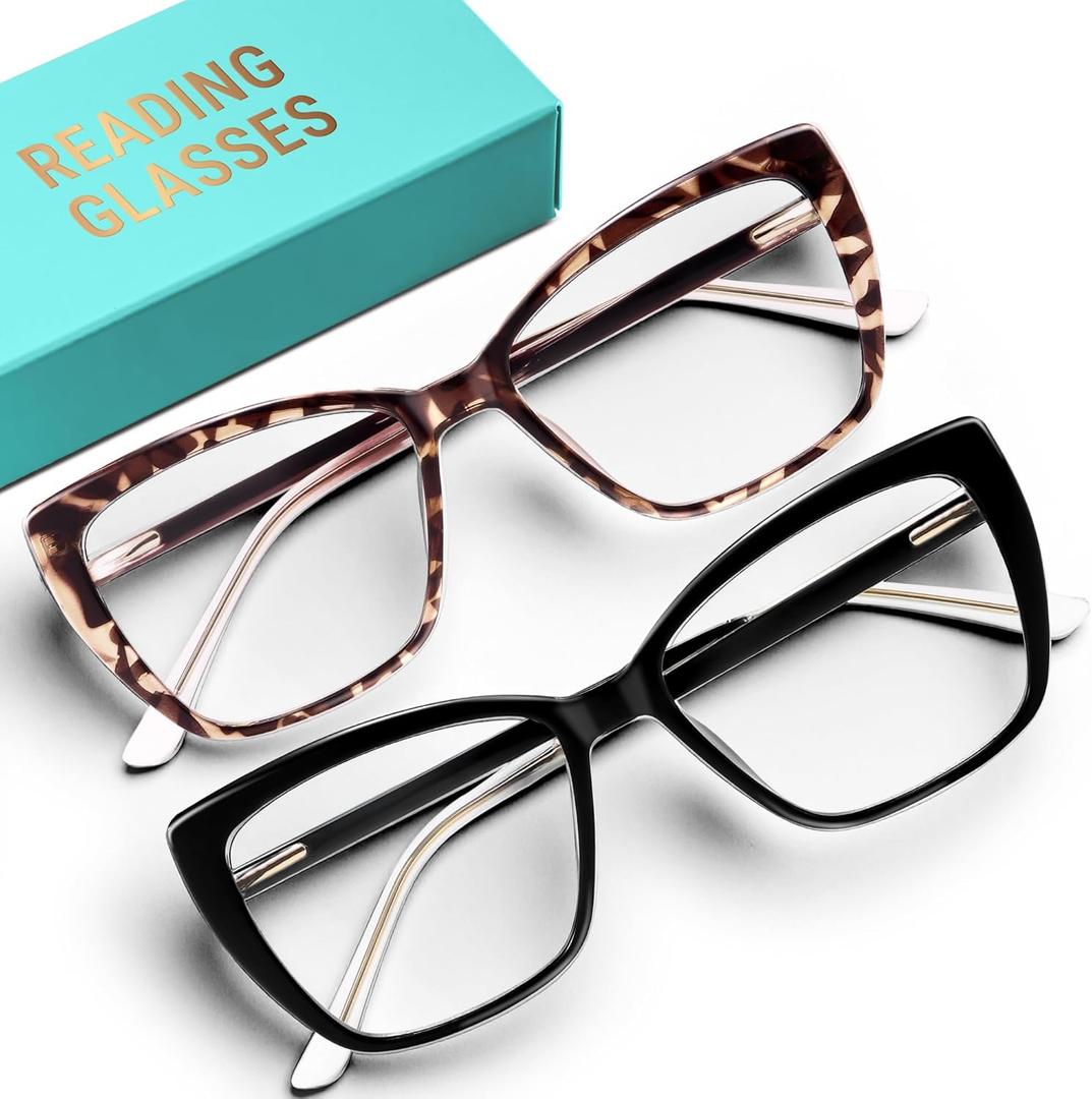 CCVOO Trendy Reading Glasses for Women, Oversized Blue Light Readers, Cheaters Eyeglasses, Stylish Square Cat Eye Glasses (Black + Tortoise), Magnification Strength: 1.25 x