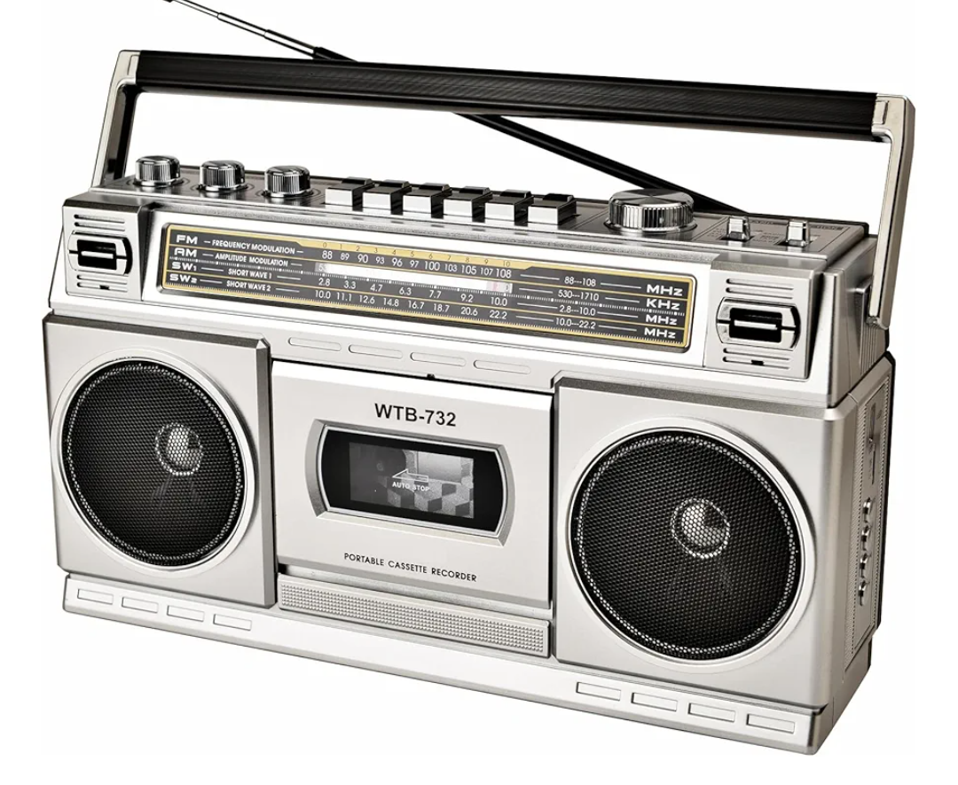 Retro Classic 80s Style Portable Boombox with Cassette Player Recorder, AM/FM/SW1/SW2 Radio, Bluetooth, USB/Micro SD Slots, Headphone Jack, 24W Dual Full-Range High Bass Speakers