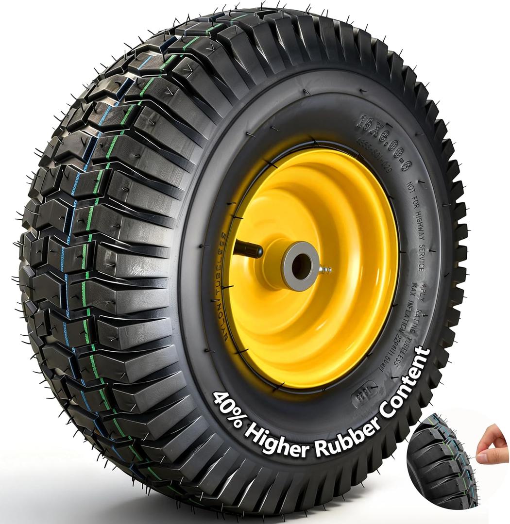 GYL 15x6.00-6 Lawn Mower Tire and Wheel, Front Tire Replacement, Fit for John Deere, Craftsman, Cub Cadet & More Riding Mowers, 4 Ply Pneumatic, 3" Offset Hub, 3/4" Bearings