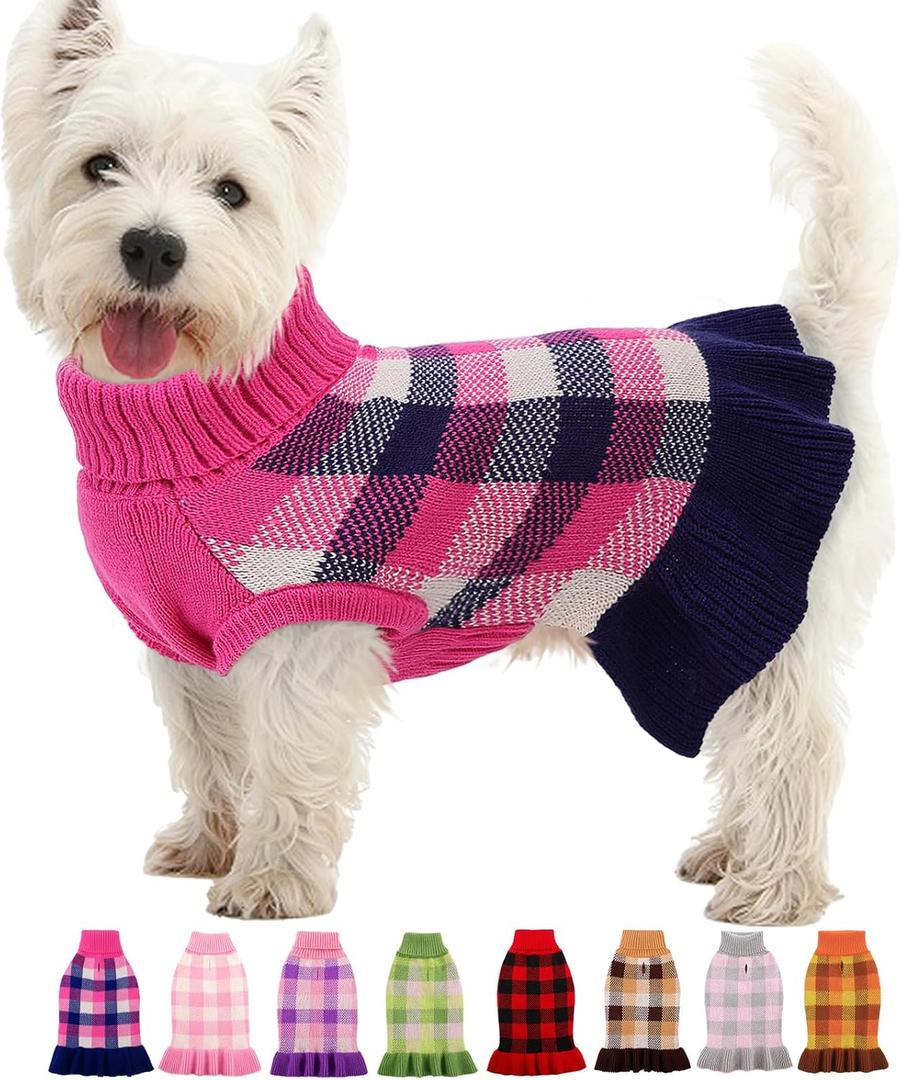 Dog Sweater Dress Plaid Knitwear for Small Medium Dogs Warm Puppy Pet Turtleneck Stretch Pullover Cute Fall Winter Vest Clothes with Leash Hole for Christmas M