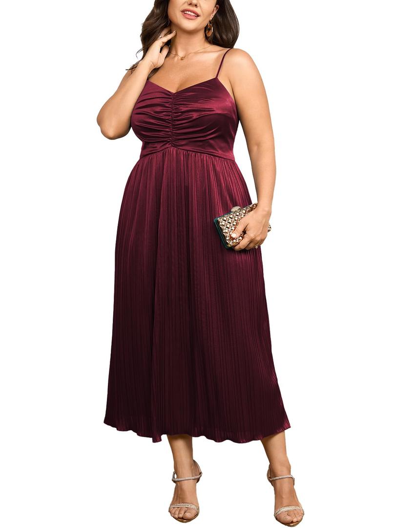 SCOMCHIC Women's Plus Size Dress Pleated V Neck Sleeveless Spaghetti Strap A Line Cocktail Party Cami Long Maxi Dress Burgundy (Red)