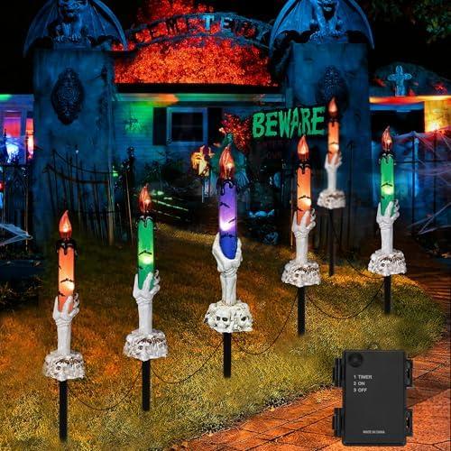 Halloween Decorations, 11 Pack Skeleton Hands Hold Lighted Candle Stakes, Waterproof Battery Operated Pathway Decor with Timer, Light Up for Tabletop Indoor Outdoor Party Lawn Yard Garden Warm White