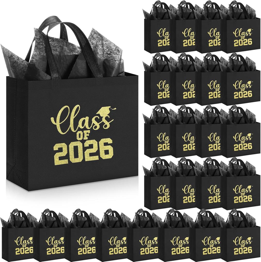 Hahafelt 24 Sets Graduation Gift Bags Bulk Reusable Non Woven Class of 2026 Tote Bag with Handle Tissue Paper Graduation Party Favors for College High School Decoration(Black,12 x 11 x 5 Inch)