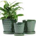 BUYMAX Ceramic Plant Pot  4+5+6 inch Ceramic Flower Pot with Drainage Holes and Tray - Gardening Home Desktop Office Windowsill Decoration Gift Set 3 (Patina)