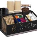 Coffee Bar Organizer for Countertop, Wooden Counter Station Organizer with Metal Mesh Basket, Coffee Bar Accessories Decor for Pods Condiment Syrup Tea Sugar, Gray