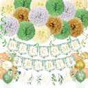 42pcs Baby Shower Decoration, Neutral WELCOME BABY Banner,3 Eucalyptus Leaves Pennant, 15 Greenery Paper Flower,6 Hanging Swirls,18 Balloons for Boy Girl Birthday Party (Sage Green)