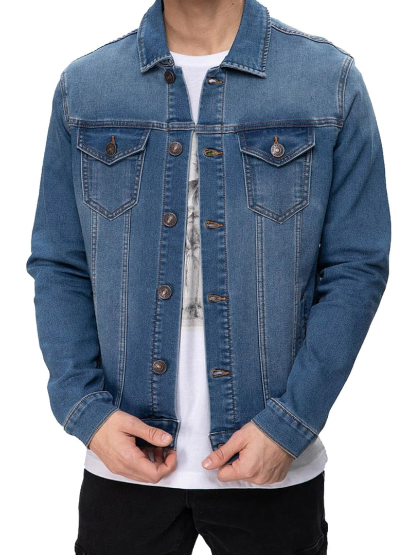 FASHIONSPARK Men’s Rugged Wear Button Down Denim Jacket Fashion, Classic Long Sleeve Jean Jacket, L