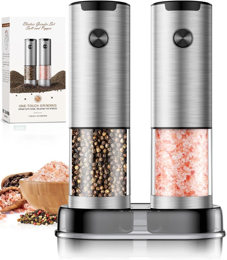 Electric Salt and Pepper Grinder- Automatic Battery Pepper Mill Shakers Kitchen Essentials for New Home Adjustable Coarseness Upgraded Larger Capacity with Led for Housewarming Gifts (Stainless Steel)