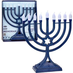 LED Electric Blue Hanukkah Menorah with Special Effects - Battery/USB Powered, Star of David, 4 Lighting/Blinking Modes, Large LED Bulbs, Chanukah Traditional Electric Menorahs - Navy Blue