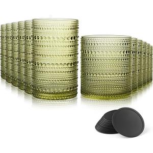 Hobnail Drinking Glasses Set of 12 Count, Vintage Glassware, Old Fashioned Glasses, 6 Highball Bubble Drinking Cups 15 oz, 6 Rocks Cups 14.5 oz with 12 Silicone Coasters, Green