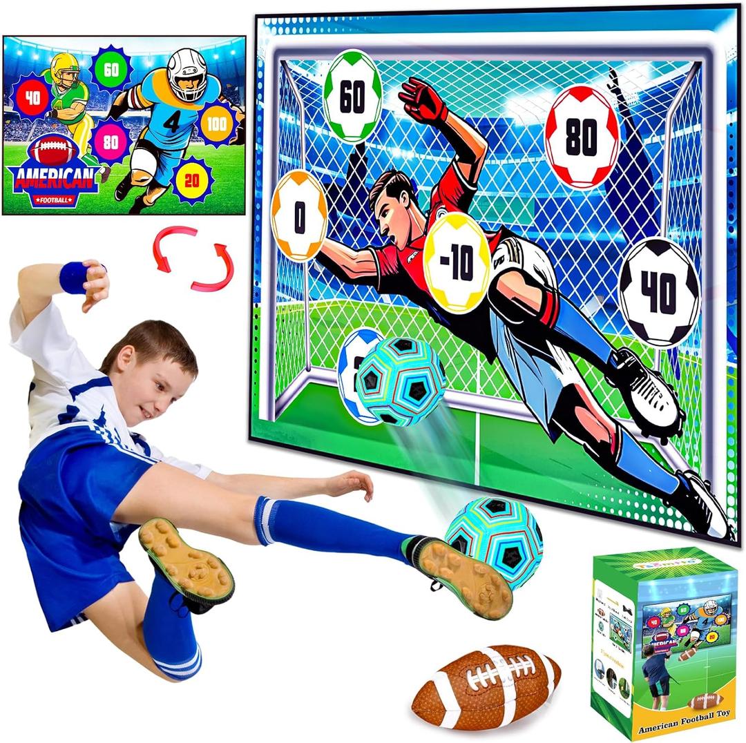 2 in 1 Soccer Ball& Football Games Set for Kids, Indoor Outdoor Sport Backyard Toss Party Game with 2 Balls Double Sided Flannel Target Soccer Gift for Boys 5-7 6-8 8-12 Years Old