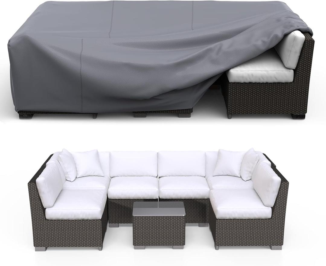 Patio Furniture Set Cover Waterproof, Heavy Duty Funiture Covers for Outdoor Sectional Sofa Set Wicker Rattan Table Chair Rectangular,111"L74"W28"H,Grey