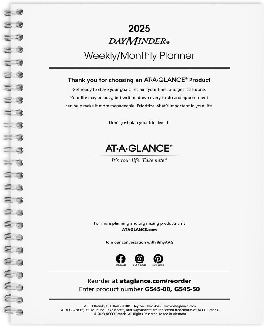 AT-A-GLANCE 2025 Planner Refill, Weekly & Monthly, 7" x 8-3/4", Medium, Executive, DayMinder, Refill for G545 Line Planners (G5455025)