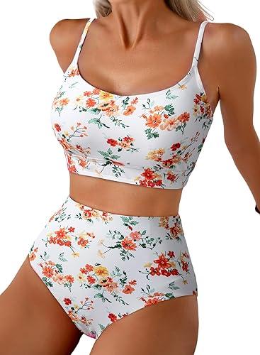 Herseas Women's 2 Piece White Bikini Sets 2026 Daisy Pattern Summer Spaghetti Strap Swimsuit Plus Size Cheeky Bathing Suit Reversible Bottom Teen Girls Beach Swimwear XX-Large
