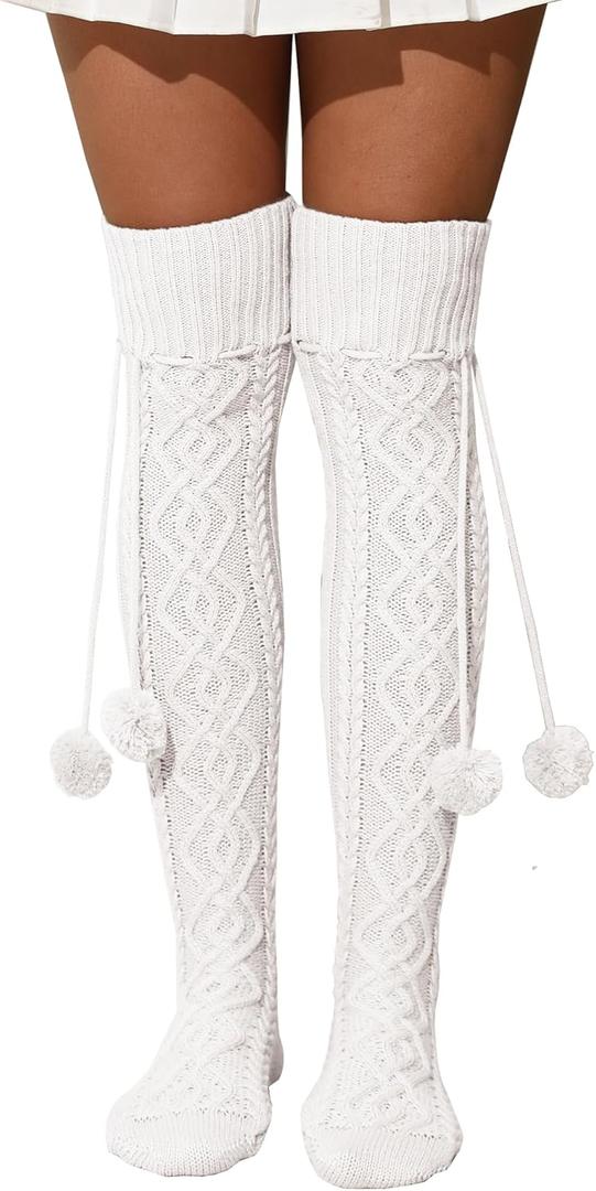 SherryDC Women's Cable Knit Thigh High Socks Over the Knee Leg Warmers Long Winter Boot Stockings (923-white)