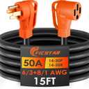 15FT 50 Amp RV Extension Cord Outdoor with Grip Handle,125/250V,12500W, 4 Prong, Heavy Duty 6/3+8/1 Gauge STW, NEMA 14-50P to 14-50R with Cord Organizer, ETL Listed