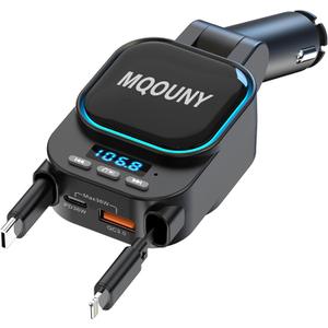 MQOUNY Retractable Car Charger,4 in 1 Fast Cars Phone Charger 96W,2 Retractable Cables with Bluetooth 5.3 FM Transmitter Hands-Free Calling,Gift for Men Women, Car Accessories USBC Car Chargers (Black)