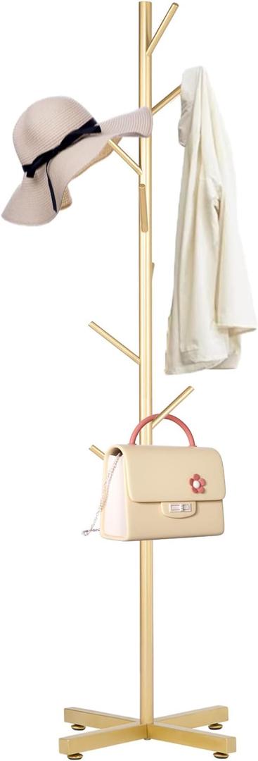 Metal Coat Rack, Modern Coat Rack Freestanding, Sturdy Coat Tree Stand with Cross Base, Golden Coat Racks Hall Tree for Clothes Jacket Hat Bag Entryway