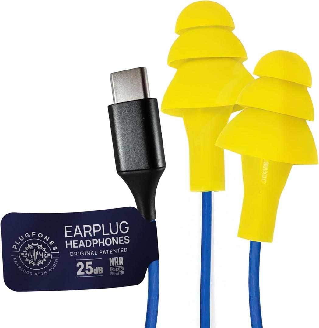 Plugfones Basic Earplug-Earbud Hybrid Earplug Headphones 25 dB Noise Reduction Rating Wired Noise Reducing Earphones Safety Earplugs for Work USB C Connector Yellow