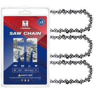 18 Inch Chainsaw Chain, 3 Pack, 72 Drive Links .325" Pitch .050" Gauge Fits Husqvarna 440 440E 445 41 350 435 450 545 550 XP, Ryobi PCN3840, PCN4545.