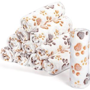 Tegeme 12 Pcs Pet Blankets Soft Fluffy Fleece Dog Cat Warm Paw Print Pattern Blankets Flannel Throw for Pets Dog Puppy Cat(23 x 16 Inch,White)