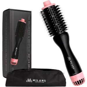 Milano Collection Hot Air Hair Brush Dryer, Quick & Easy Styling, Hair Volumizer for Human Hair Wigs & Natural Hair, Lightweight Round-Shaped Barrel Blow Dry Brush, Black