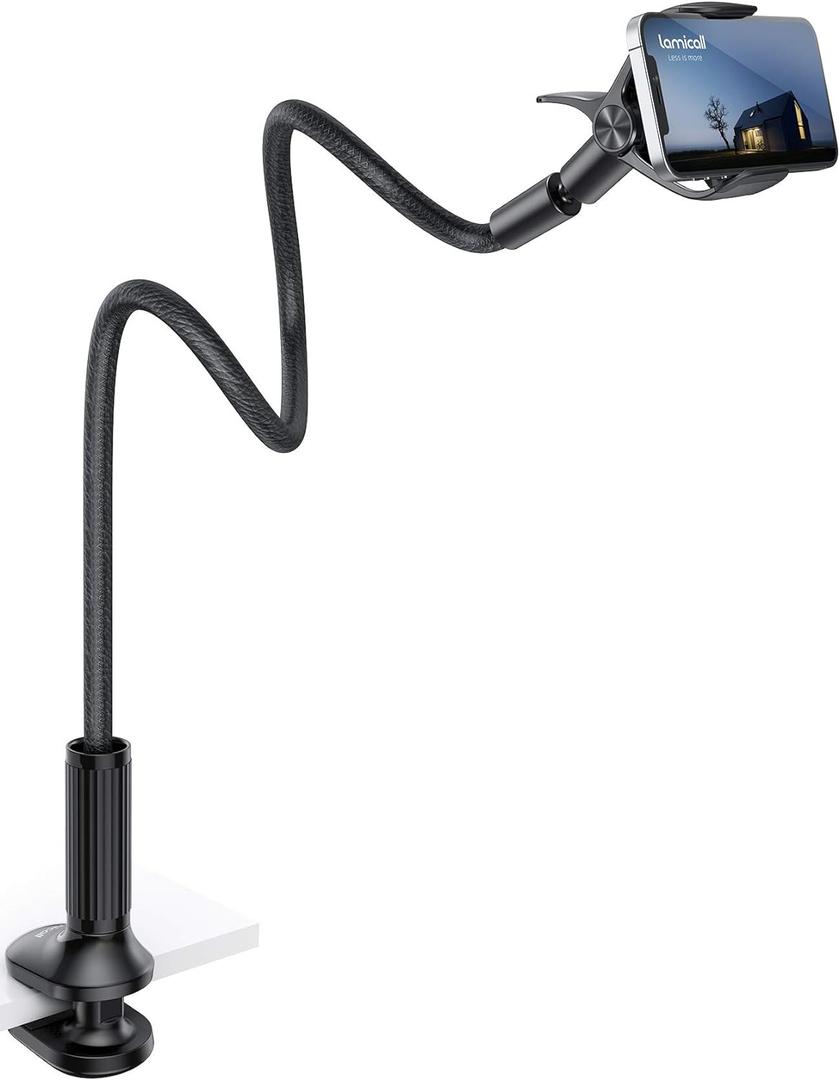 Lamicall Gooseneck Phone Holder for Bed - Overall Length 38.6in, Flexible Leather Wrapped Arm, 360 Adjustable Clamp Clip, Overhead Cell Phone Mount Stand for Desk, Compatible with All Cellphone (4-7) (Black)