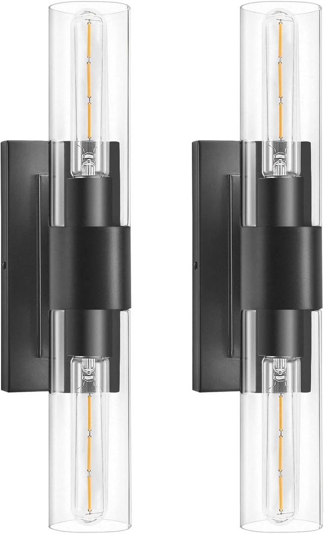 Black Wall Sconces Set of Two,Modern Bathroom Light Fixtures,2-Light Sconces Wall Lighting with Thickened Tempered Clear Glass,19 in Indoor Hardwired Wall Lights for Bedroom,Mirror, E26 Base