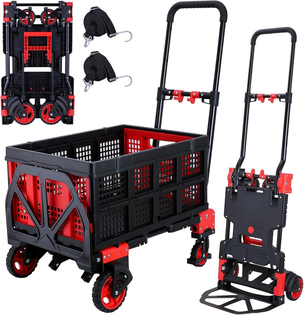 2-in-1Hand Truck Dolly Foldable with Folding Basket,330LBS Capacity Handtruck,Hand Truck Foldable Dolly with 4 Wheels,Dolly Cart with Retractable Handle,Folding Hand Cart for Moving