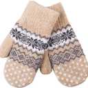 Winter Warm Mittens for Women Men - Soft Faux Cashmere Mittens Elastic Cuff Fashionable Stretchy Knit Gloves Cold Weather (Khaki Snowflake)