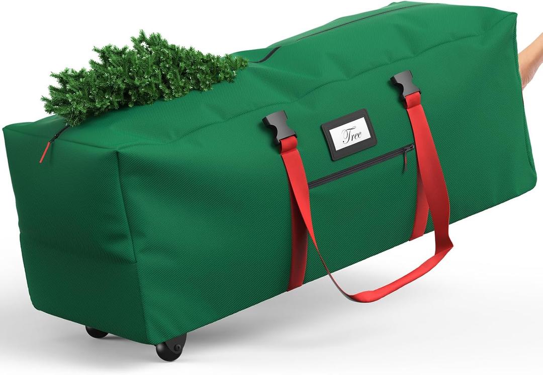Rolling Christmas Tree Storage Bag for 9 ft Artificial Tree, 600D Waterproof Oxford Fabric, Large Christmas Tree Bag with Dual Zipper, Wheels, Handles, Heavy Duty Xmas Storage Container -Green
