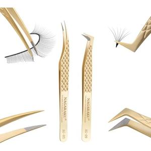 NAGARAKU Eyelash Tweezers, 1 Pair Precision Fiber Tip Tweezer for Lash Extensions Volume Grip Tweezers Antistatic Straight Curved Tip Stainless Steel with Box -Dolphin & L Typ Tweezers AG-05 & AG-09
