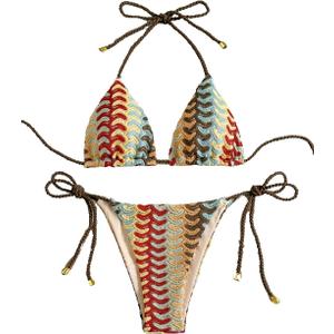 ZAFUL 2 Piece Triangle Bikini for Women Knitted Rope Halter Bikini Sets Sexy Bathing Suit Side Tie Swimsuits Beachwear (Large, 4-bronze)