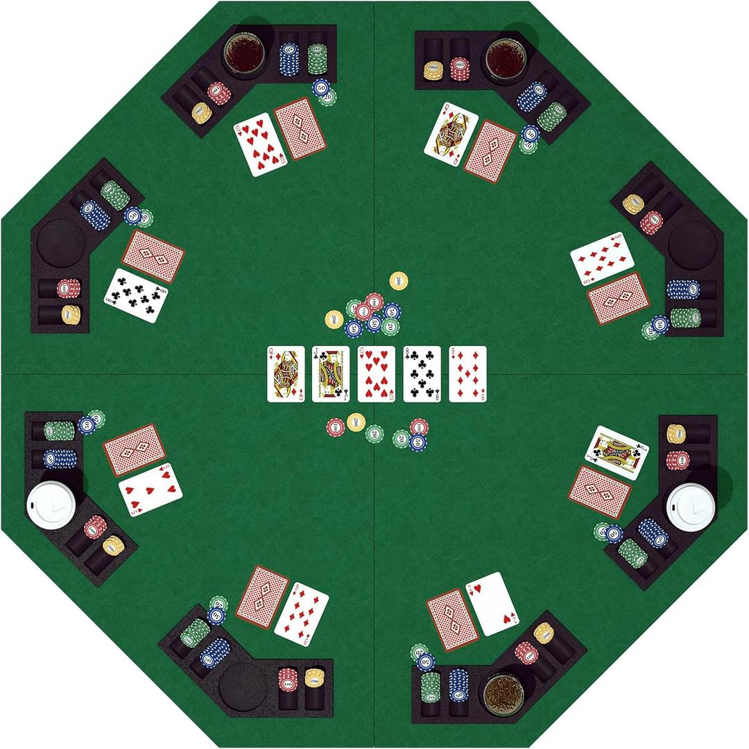 48 Inch Foldable Poker Table Top for 8 Players, Octagon Poker Table Topper with Chips Tray & Cup Holders, Professional Texas Holdem Poker Table Mat with Carrying Bag for Card Casino Games (Green)
