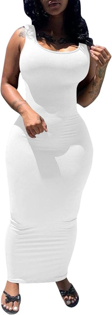 PINSV Women's Sexy Bodycon Tank Dress Basic Sleeveless Long Maxi Dresses Party Club Beach Sundresses (XL)